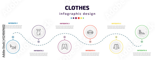 clothes infographic element with icons and 6 step or option. clothes icons such as high heel, off the shoulder dress, nylon jacket, messenger bag, collarless cotton shirt, gladiator sandal vector.