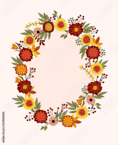Cute Autumn wreath with colorful flowers, berry, leaves. Composition for your greeting cards, poster, postcard and harvest festival or Thanksgiving.Vector.