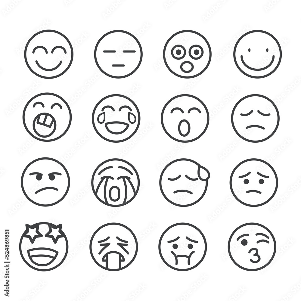 Funny emoticons faces icon set isolated. Modern outline on white background Funny emoticons faces icon set isolated. Modern outline on white background