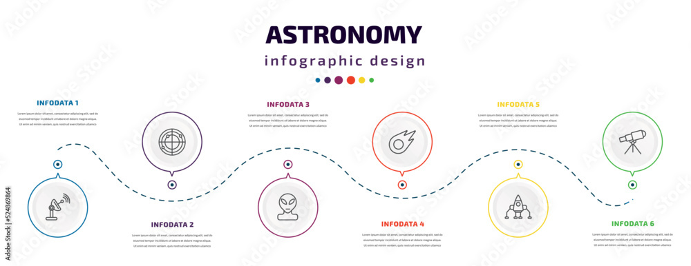 astronomy infographic element with icons and 6 step or option. astronomy icons such as voyager, radar system, alien, comet, space lander, telescope pointing up vector. can be used for banner, info astronomy infographic element with icons and 6 step or option. astronomy icons such as voyager, radar system, alien, comet, space lander, telescope pointing up vector. can be used for banner, info