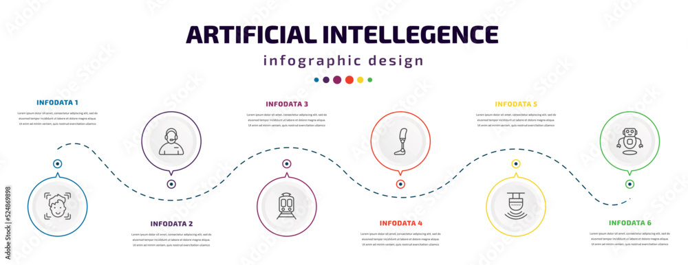 artificial intellegence infographic element with icons and 6 step or option. artificial intellegence icons such as face recognition, assistant, train, prosthesis, motion sensor, robots vector. can artificial intellegence infographic element with icons and 6 step or option. artificial intellegence icons such as face recognition, assistant, train, prosthesis, motion sensor, robots vector. can