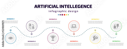 artificial intellegence infographic element with icons and 6 step or option. artificial intellegence icons such as smart lens, file transfer, technology tree, laptop, genetic modification, data