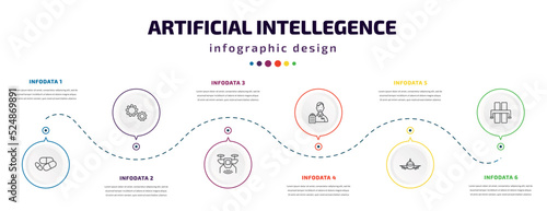 artificial intellegence infographic element with icons and 6 step or option. artificial intellegence icons such as medicine, hine, unmanned aerial vehicle, shop assistant, aeroplane, motorway