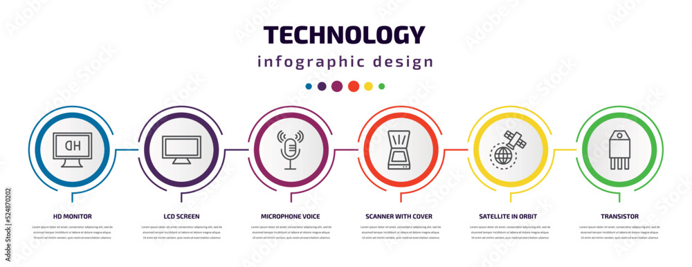 technology infographic template with icons and 6 step or option. technology icons such as hd monitor, lcd screen, microphone voice, scanner with cover, satellite in orbit, transistor vector. can be technology infographic template with icons and 6 step or option. technology icons such as hd monitor, lcd screen, microphone voice, scanner with cover, satellite in orbit, transistor vector. can be