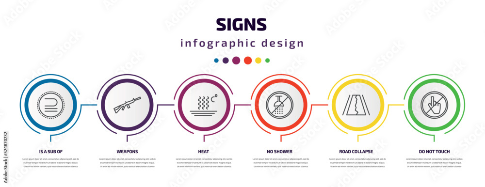 signs infographic template with icons and 6 step or option. signs icons such as is a sub of, weapons, heat, no shower, road collapse, do not touch vector. can be used for banner, info graph, web, signs infographic template with icons and 6 step or option. signs icons such as is a sub of, weapons, heat, no shower, road collapse, do not touch vector. can be used for banner, info graph, web,