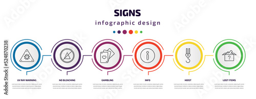 signs infographic template with icons and 6 step or option. signs icons such as uv ray warning, no bleaching, gambling, info, hoist, lost items vector. can be used for banner, info graph, web,