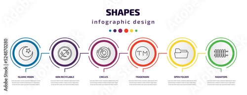 shapes infographic template with icons and 6 step or option. shapes icons such as islamic moon, non recyclable, circles, trademark, open folder, radiators vector. can be used for banner, info graph,