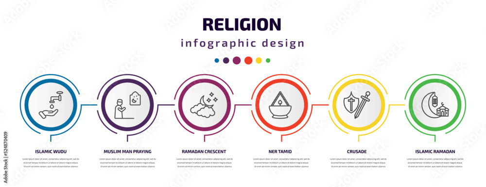 religion infographic template with icons and 6 step or option. religion icons such as islamic wudu, muslim man praying, ramadan crescent moon, ner tamid, crusade, islamic ramadan vector. can be used religion infographic template with icons and 6 step or option. religion icons such as islamic wudu, muslim man praying, ramadan crescent moon, ner tamid, crusade, islamic ramadan vector. can be used