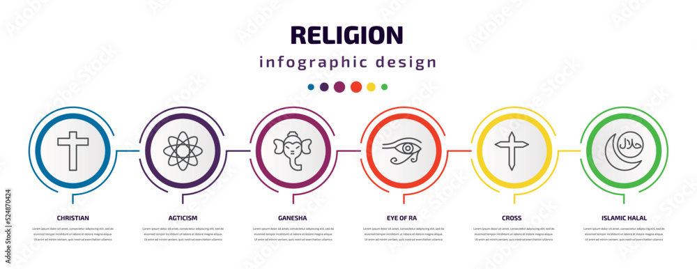 religion infographic template with icons and 6 step or option. religion icons such as christian, agticism, ganesha, eye of ra, cross, islamic halal vector. can be used for banner, info graph, web, religion infographic template with icons and 6 step or option. religion icons such as christian, agticism, ganesha, eye of ra, cross, islamic halal vector. can be used for banner, info graph, web,