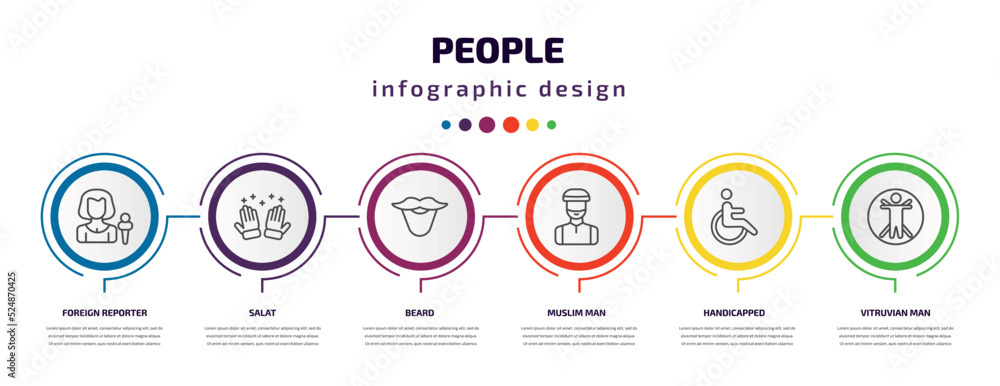 people infographic template with icons and 6 step or option. people icons such as foreign reporter, salat, beard, muslim man, handicapped, vitruvian man vector. can be used for banner, info graph, people infographic template with icons and 6 step or option. people icons such as foreign reporter, salat, beard, muslim man, handicapped, vitruvian man vector. can be used for banner, info graph,
