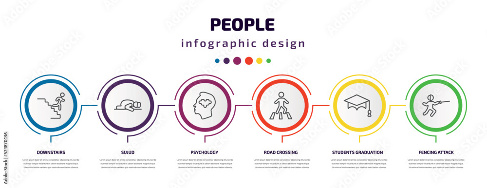 people infographic template with icons and 6 step or option. people icons such as downstairs, sujud, psychology, road crossing, students graduation hat, fencing attack vector. can be used for people infographic template with icons and 6 step or option. people icons such as downstairs, sujud, psychology, road crossing, students graduation hat, fencing attack vector. can be used for