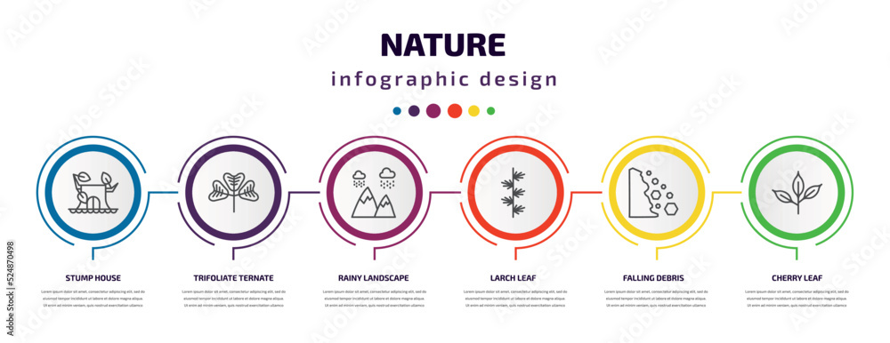 nature infographic template with icons and 6 step or option. nature icons such as stump house, trifoliate ternate, rainy landscape, larch leaf, falling debris, cherry leaf vector. can be used for nature infographic template with icons and 6 step or option. nature icons such as stump house, trifoliate ternate, rainy landscape, larch leaf, falling debris, cherry leaf vector. can be used for