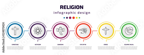 religion infographic template with icons and 6 step or option. religion icons such as christian, agticism, ganesha, eye of ra, cross, islamic halal vector. can be used for banner, info graph, web,