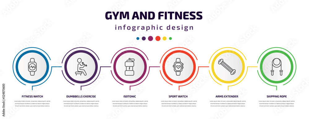 gym and fitness infographic template with icons and 6 step or option. gym and fitness icons such as fitness watch, dumbbells exercise, isotonic, sport watch, arms extender, skipping rope vector. can gym and fitness infographic template with icons and 6 step or option. gym and fitness icons such as fitness watch, dumbbells exercise, isotonic, sport watch, arms extender, skipping rope vector. can