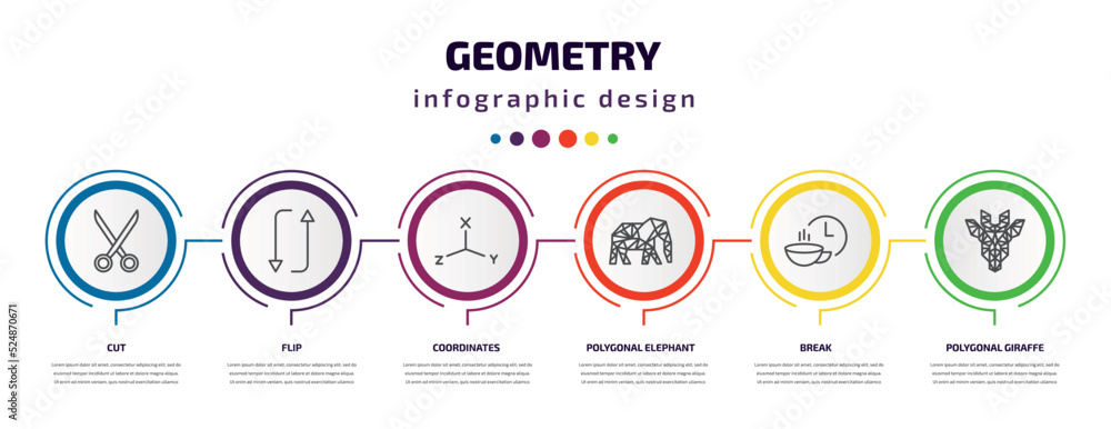 geometry infographic template with icons and 6 step or option. geometry icons such as cut, flip, coordinates, polygonal elephant, break, polygonal giraffe vector. can be used for banner, info graph, geometry infographic template with icons and 6 step or option. geometry icons such as cut, flip, coordinates, polygonal elephant, break, polygonal giraffe vector. can be used for banner, info graph,