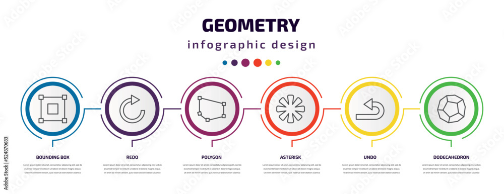 geometry infographic template with icons and 6 step or option. geometry icons such as bounding box, redo, polygon, asterisk, undo, dodecahedron vector. can be used for banner, info graph, web, geometry infographic template with icons and 6 step or option. geometry icons such as bounding box, redo, polygon, asterisk, undo, dodecahedron vector. can be used for banner, info graph, web,