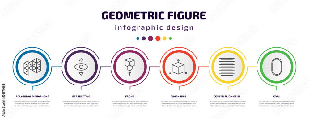 geometric figure infographic template with icons and 6 step or option. geometric figure icons such as polygonal megaphone, perspective, front, dimension, center alignment, oval vector. can be used geometric figure infographic template with icons and 6 step or option. geometric figure icons such as polygonal megaphone, perspective, front, dimension, center alignment, oval vector. can be used