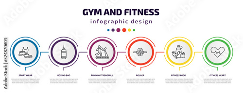 gym and fitness infographic template with icons and 6 step or option. gym and fitness icons such as sport wear, boxing bag, running treadmill, roller, fitness food, heart vector. can be used for