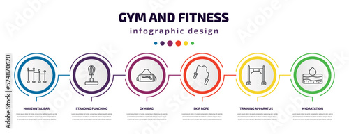 gym and fitness infographic template with icons and 6 step or option. gym and fitness icons such as horizontal bar, standing punching ball, gym bag, skip rope, training apparatus, hydratation