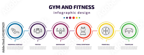 gym and fitness infographic template with icons and 6 step or option. gym and fitness icons such as abdominal exercises, protein, bodybuilder, female sportwear, power ball, trampoline vector. can be