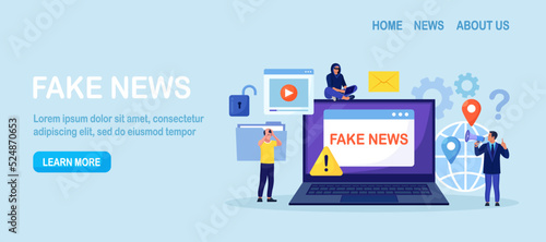 Fake news. Mass media political propaganda. Unknown person spreading false information, misinformation in internet. Fraud and cheat content in social network. Vector design