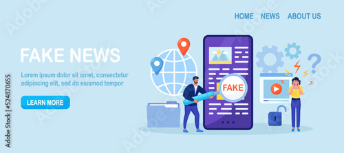 Fake news. Man with magnifying glass scanning and check news on smartphone. Disinformation, propaganda on online news media. Spreading untruth information, hoax. Vector design