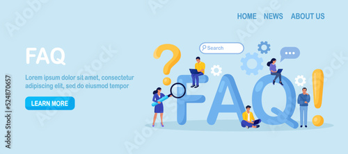 Frequently Asked Questions. People Standing near Giant FAQ, Exclamations and Question Marks. Clients Ask Questions, Search and Receive Answers. Help Information, Instruction. Online Support Center