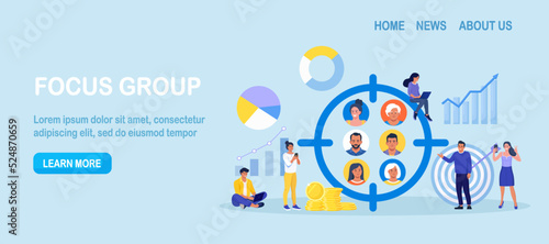 Marketing social focus group. People avatars in crosshair. Businessmen study audience, research consumer behavior. Target audience at aim. Customer attraction campaign, accurate seo, advertising