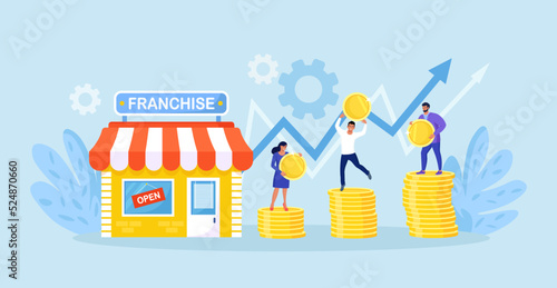 Franchise marketing system. People Start Franchise Small Enterprise, Company with Corporate Headquarter. Shop and Stacks of Money, Graph. Businessmen Increase Revenue, Profit with Franchising Business