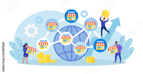 Franchising Concept. People Put Store on Huge Map. Businessmen Start Franchise Enterprise, Company or Shop with Corporate Headquarter. Franchising Branch Expansion. Retail Store or Service Network