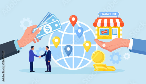 Businessmen Sign Franchise Agreement and Shaking Hands. Person Start Franchising Enterprise. Business Expansion. Assets Management, Globalization. Market leadership. Successful Shop Branch Opening