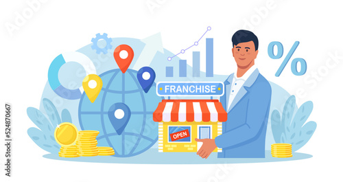 Franchise Marketing System. Man Starts Franchise Small Enterprise, Company with Corporate Headquarter. Expanding Brand Store Network on World Map. Businessman Increase Revenue, Profit with Franchising