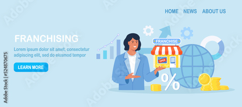 Franchise. Business woman hold store in hand. Person start franchising enterprise, company. Business expansion. Assets management, globalization. Market leadership. Successful shop branch opening