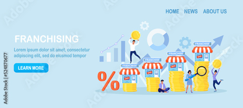 Franchise marketing system. People Start Franchise Small Enterprise, Company with Corporate Headquarter. Shops on Stacks of Money. Businessmen Increase Revenue, Profit with Franchising Business
