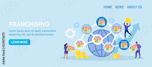 Franchising Concept. People Put Store on Huge Map. Businessmen Start Franchise Enterprise, Company or Shop with Corporate Headquarter. Franchising Branch Expansion. Retail Store or Service Network