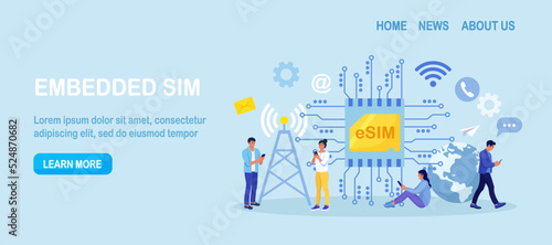 Embedded sim card on microcircuit. Young people use modern mobile phone with eSIM card chip. Smartphone without classical sim card. New digital technology. Cellphone with integrated circuit card