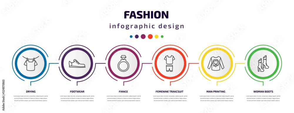 fashion infographic template with icons and 6 step or option. fashion icons such as drying, footwear, fiance, femenine trakcsuit, man printing, woman boots vector. can be used for banner, info fashion infographic template with icons and 6 step or option. fashion icons such as drying, footwear, fiance, femenine trakcsuit, man printing, woman boots vector. can be used for banner, info