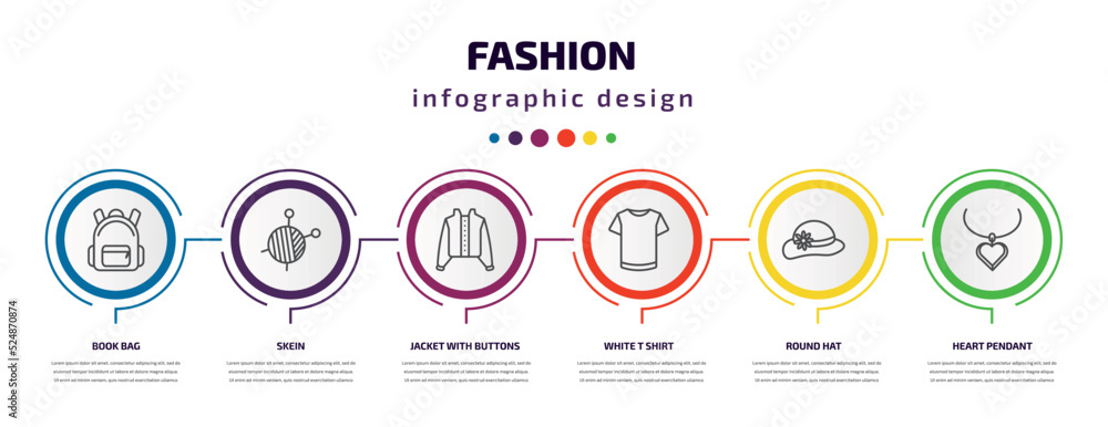 fashion infographic template with icons and 6 step or option. fashion icons such as book bag, skein, jacket with buttons, white t shirt, round hat, heart pendant vector. can be used for banner, info fashion infographic template with icons and 6 step or option. fashion icons such as book bag, skein, jacket with buttons, white t shirt, round hat, heart pendant vector. can be used for banner, info
