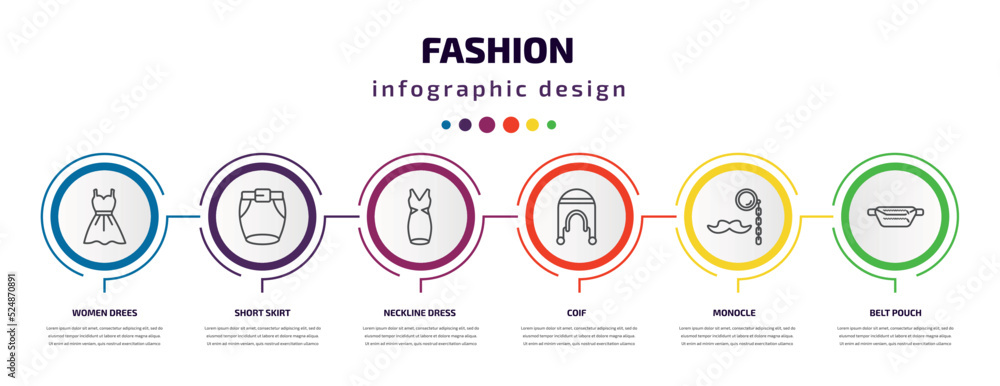 fashion infographic template with icons and 6 step or option. fashion icons such as women drees, short skirt, neckline dress, coif, monocle, belt pouch vector. can be used for banner, info graph, fashion infographic template with icons and 6 step or option. fashion icons such as women drees, short skirt, neckline dress, coif, monocle, belt pouch vector. can be used for banner, info graph,