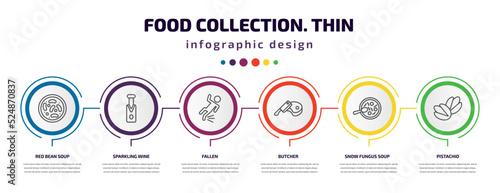 food collection. thin infographic template with icons and 6 step or option. food collection. thin icons such as red bean soup, sparkling wine, fallen, butcher, snow fungus soup, pistachio vector.
