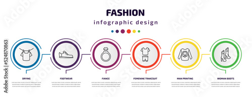 fashion infographic template with icons and 6 step or option. fashion icons such as drying, footwear, fiance, femenine trakcsuit, man printing, woman boots vector. can be used for banner, info