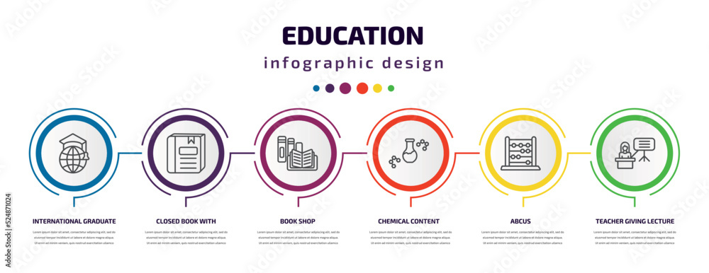 education infographic template with icons and 6 step or option. education icons such as international graduate, closed book with marker, book shop, chemical content, abcus, teacher giving lecture education infographic template with icons and 6 step or option. education icons such as international graduate, closed book with marker, book shop, chemical content, abcus, teacher giving lecture
