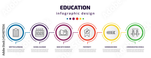education infographic template with icons and 6 step or option. education icons such as written clipboard, school calendar, book with marker, fraternity, hardbound book, communicating vessels