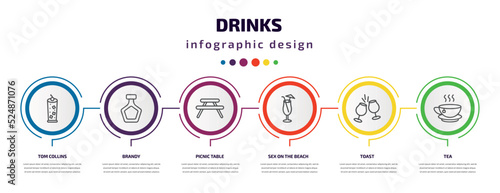 drinks infographic template with icons and 6 step or option. drinks icons such as tom collins, brandy, picnic table, sex on the beach, toast, tea vector. can be used for banner, info graph, web,