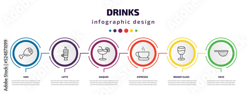 drinks infographic template with icons and 6 step or option. drinks icons such as ham, latte, daiquiri, espresso, brandy glass, sieve vector. can be used for banner, info graph, web, presentations.