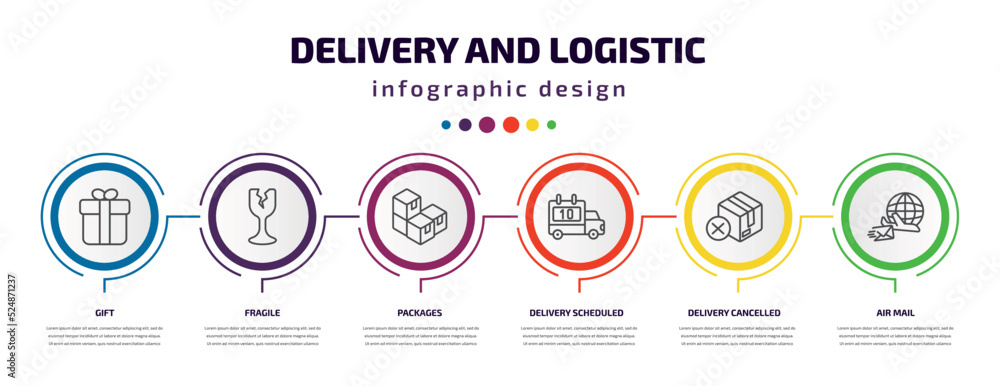 delivery and logistic infographic template with icons and 6 step or option. delivery and logistic icons such as gift, fragile, packages, delivery scheduled, cancelled, air mail vector. can be used delivery and logistic infographic template with icons and 6 step or option. delivery and logistic icons such as gift, fragile, packages, delivery scheduled, cancelled, air mail vector. can be used