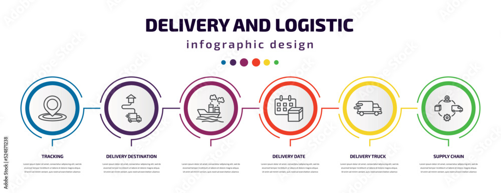 delivery and logistic infographic template with icons and 6 step or option. delivery and logistic icons such as tracking, delivery destination, , date, truck, supply chain vector. can be used for delivery and logistic infographic template with icons and 6 step or option. delivery and logistic icons such as tracking, delivery destination, , date, truck, supply chain vector. can be used for