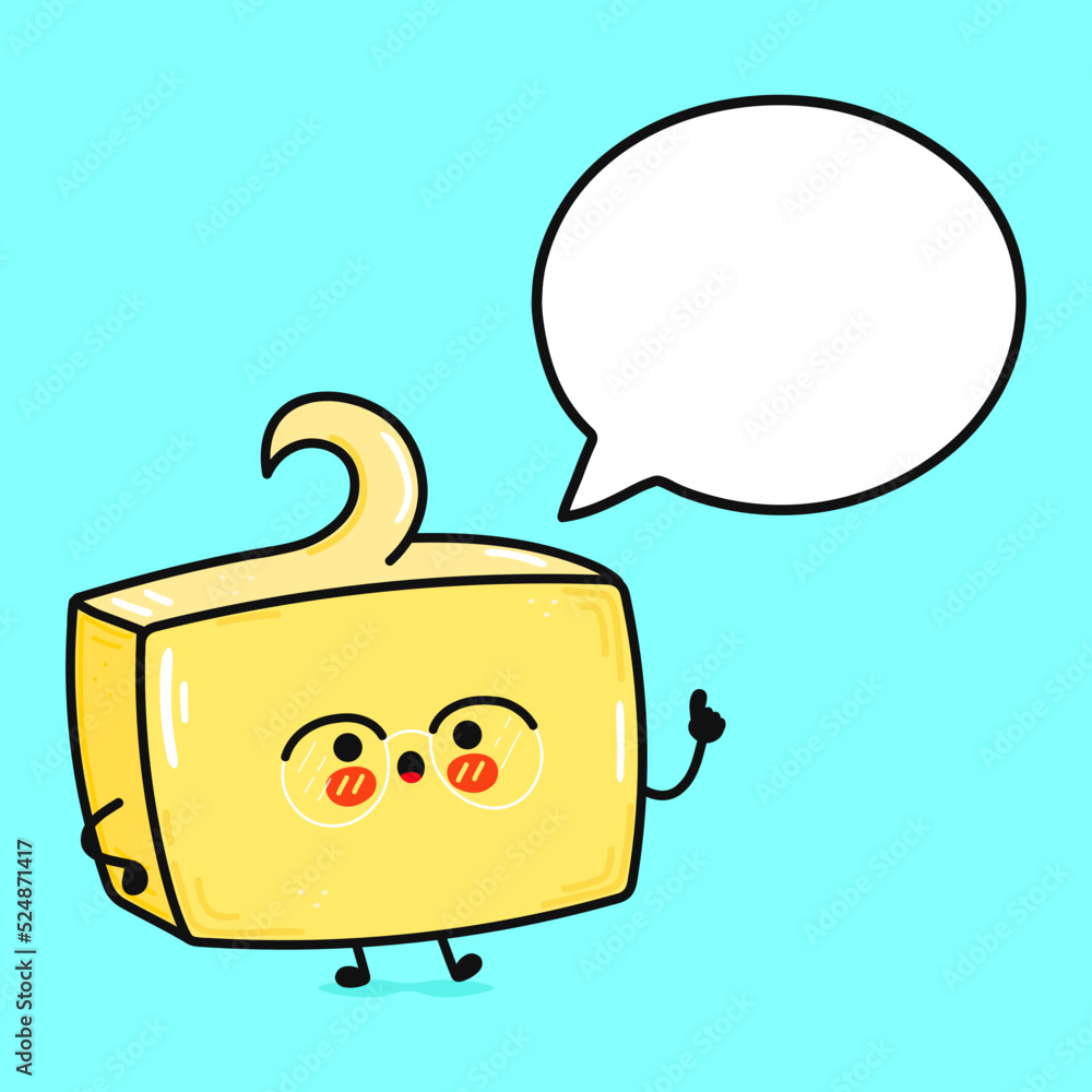 Cute funny butter with speech bubble. Vector hand drawn cartoon kawaii character illustration icon. Isolated on blue background. Butter character concept Cute funny butter with speech bubble. Vector hand drawn cartoon kawaii character illustration icon. Isolated on blue background. Butter character concept