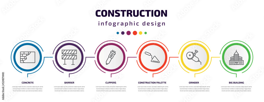 construction infographic template with icons and 6 step or option. construction icons such as concrete, barrier, clippers, construction palette, grinder, big building vector. can be used for banner, construction infographic template with icons and 6 step or option. construction icons such as concrete, barrier, clippers, construction palette, grinder, big building vector. can be used for banner,