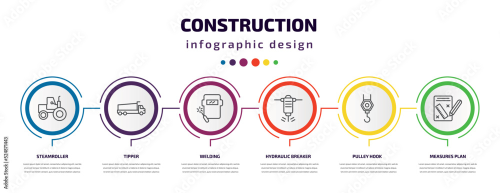 construction infographic template with icons and 6 step or option. construction icons such as steamroller, tipper, welding, hydraulic breaker, pulley hook, measures plan vector. can be used for construction infographic template with icons and 6 step or option. construction icons such as steamroller, tipper, welding, hydraulic breaker, pulley hook, measures plan vector. can be used for